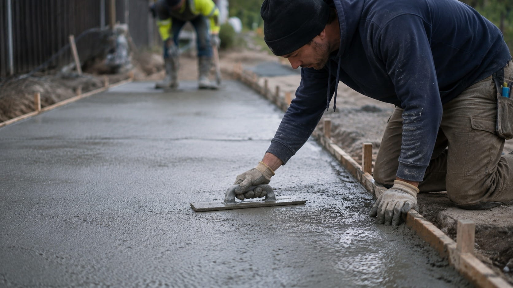 Hand-troweling a concrete patio edge in Wellington